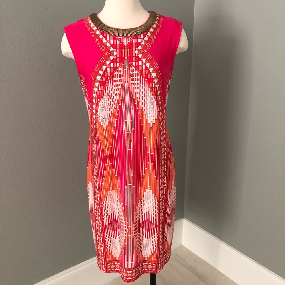 Sandra Darren Sleeveless Shift Dress with Gold Jewel Neckline
